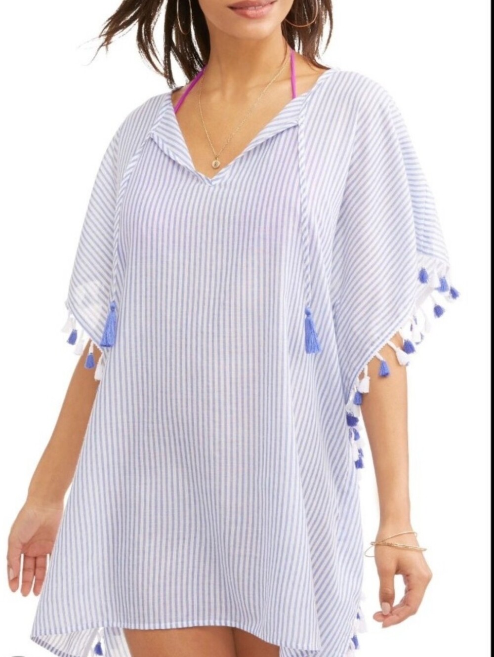 Light Blue Striped Tassel Kimono Cover Up-L
